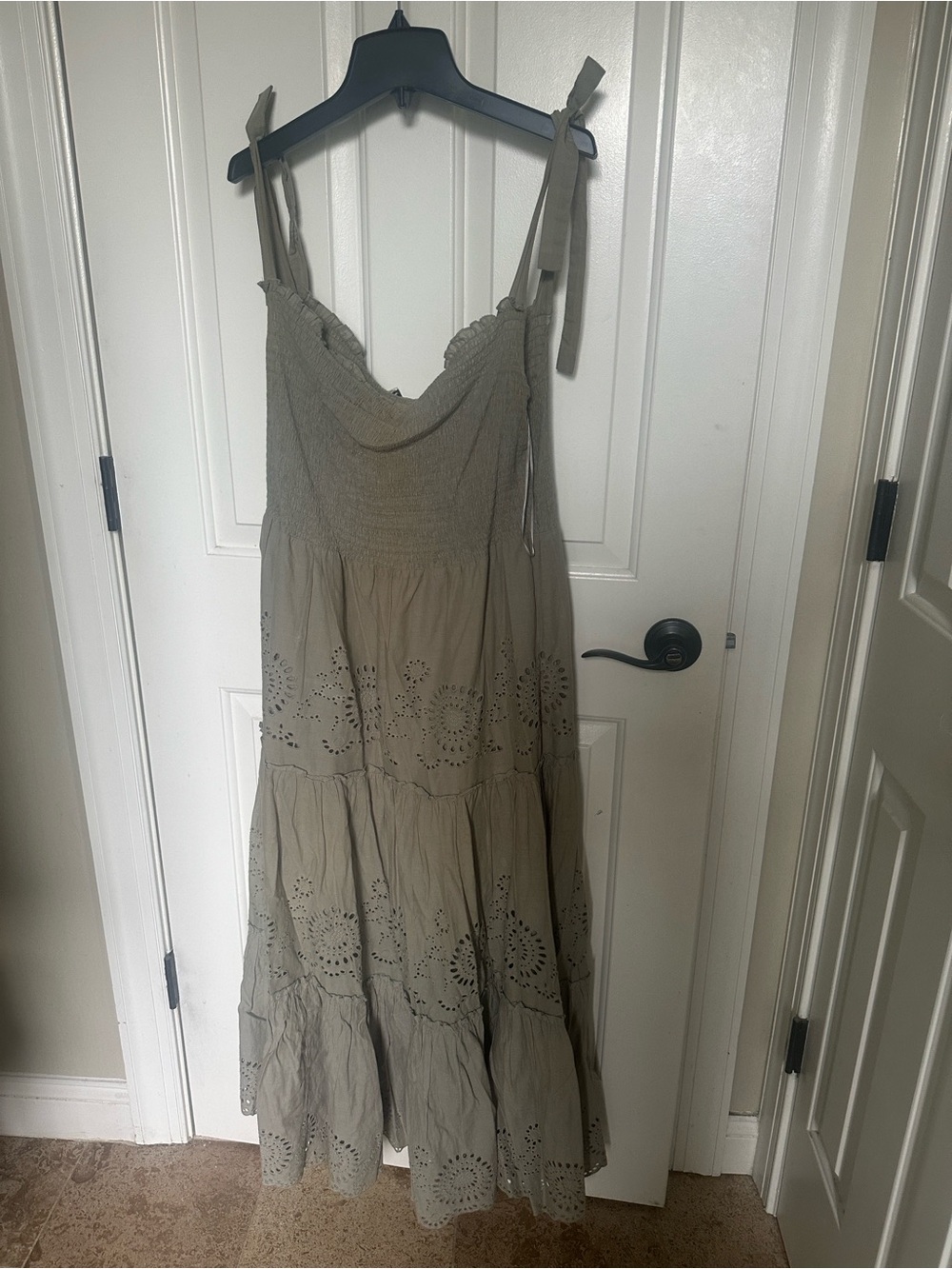 Zara Smocked Tie-Shoulder Maxi Dress in Olive